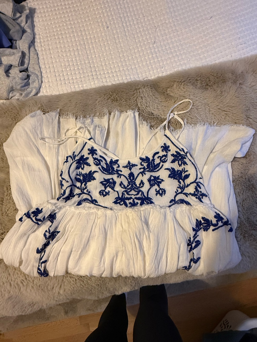 DEX White Boho Embroidered Spaghetti Strap Dress with Blue Floral Embroidery